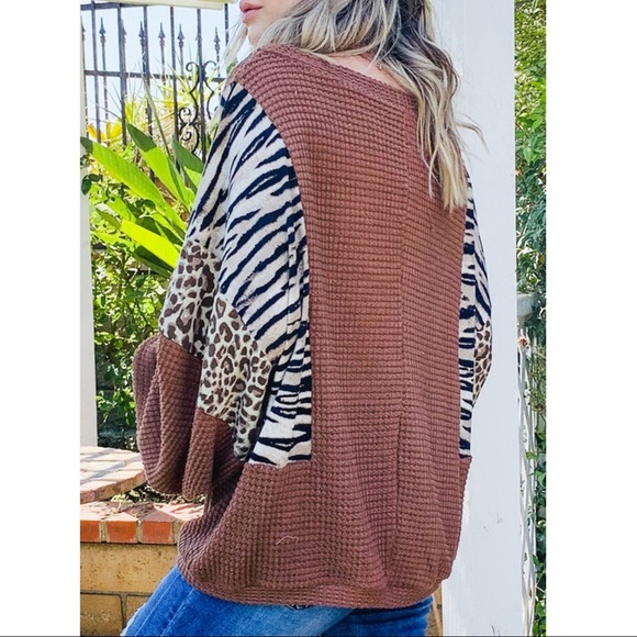 LET'S BE WILD WAFFLE KNIT SWEATER-BROWN - Picture 3 of 5